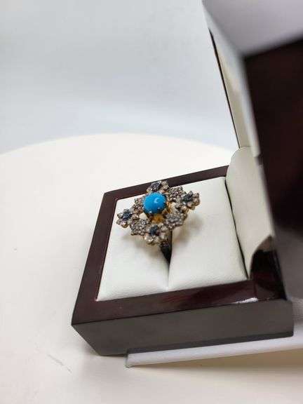 Extremely fine Victorian turquoise and diamonds with sapphire ring on silver