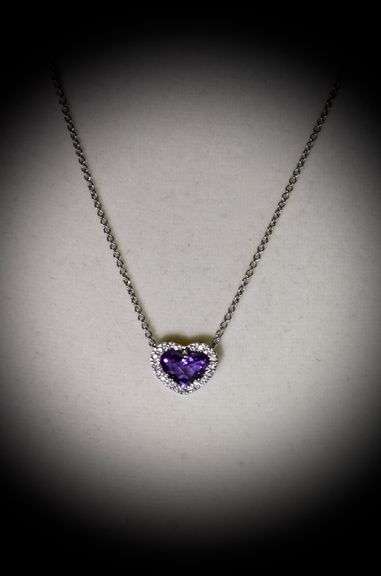 Modern 14K White Gold Amethyst Heart & Diamond Necklace