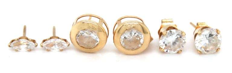 3 Pairs of 14kt yellow gold CZ stud earrings