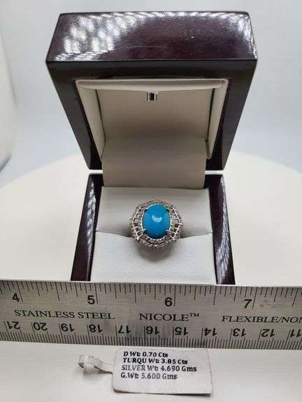 Extremely fine Victorian turquoise and diamond ring on silver