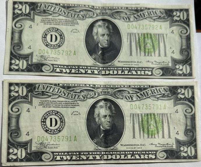 Two XF AU 1934 $20 Cleveland FRN.