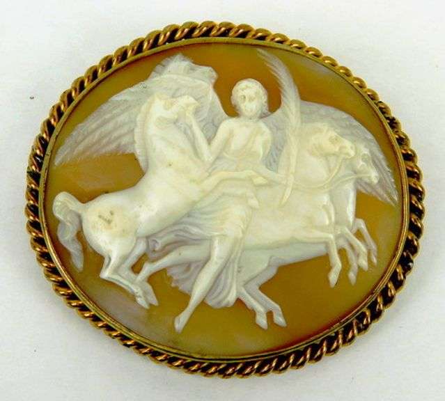 Large Nike & the Horses of the Sun Antique Cameo Brooch