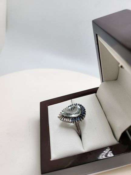 Extremely fine Victorian natural blue topaz and diamonds ring on silver