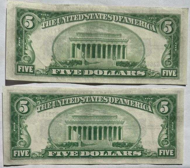 Two $5 1934 A Silver Certificate  Near Unc