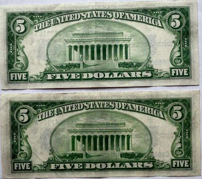 Two 1934 A Near AU $5 Blue Seal Silver Certificates