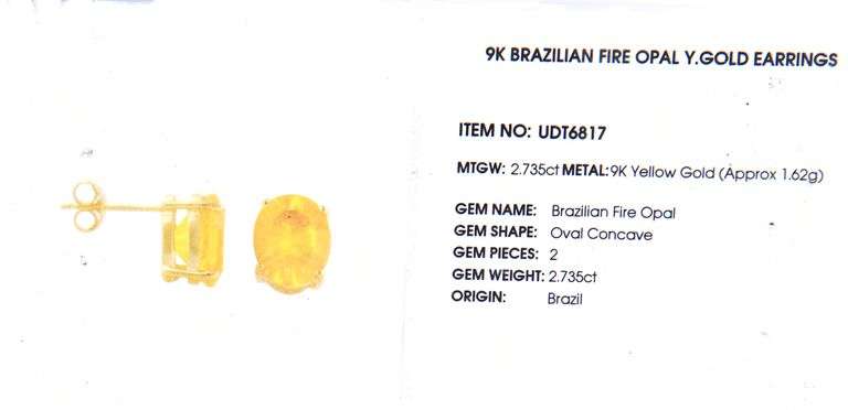 9kt Yellow gold 2.73ctw Brazilian fire opal earrings