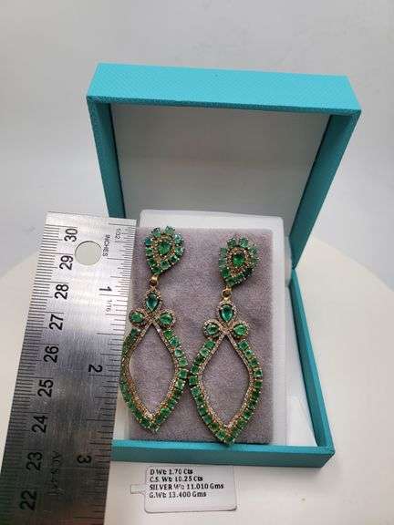 Very high quality hand made emerald and diamonds on silver earrings