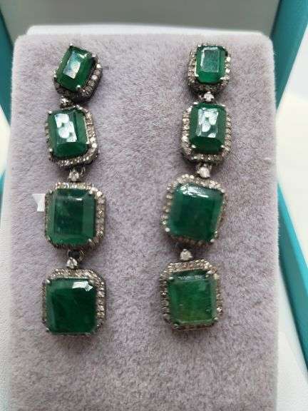 Very high quality hand made emerald and diamonds on silver earrings