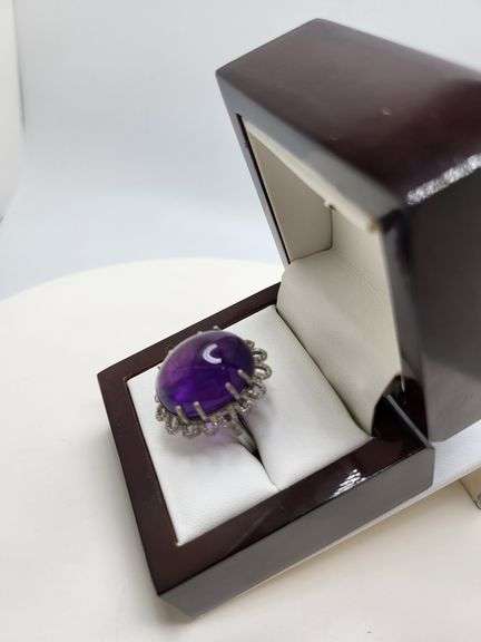 Extremely fine Victorian natural cabochon amethyst in center and diamonds ring on silver