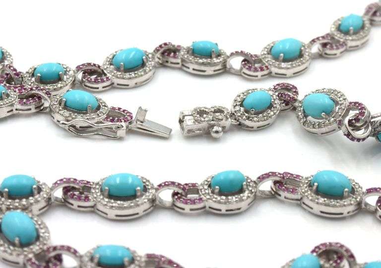 Inspiring 21.15CTW Oval Cabochon-Cut Turquoise, 4.25CTW Single Cut Faceted Rubies & 4.25CTW Diamond 