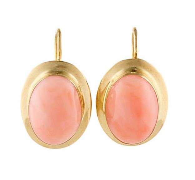Oval Coral Cabochon Bezel Set Solitaire Leverback Earrings in 18K