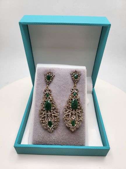 Very high quality hand made emerald and diamonds on silver earrings
