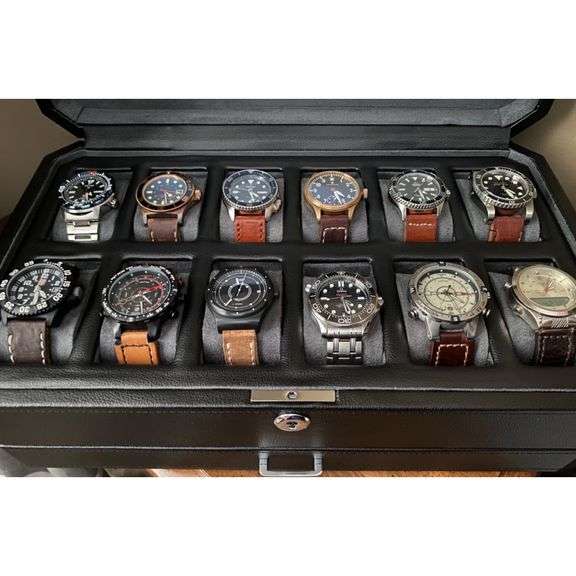 12-Slot Leather Watch Box with Valet Drawer