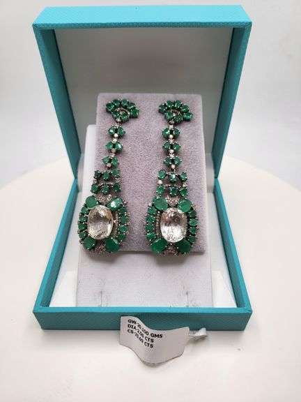 Very high quality hand made emerald and diamonds with blue topaz on silver earrings
