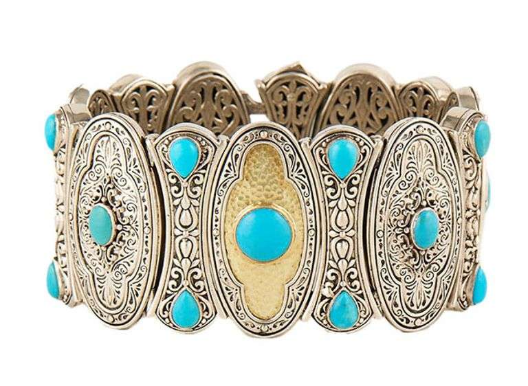Konstantino Mixed Cut Turquoise Cabochon Filigree Two Tone Link Bracelet in 18K and Sterling