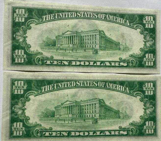 Two $10  Unc Consecutive 1928 B Fed Reserve Notes