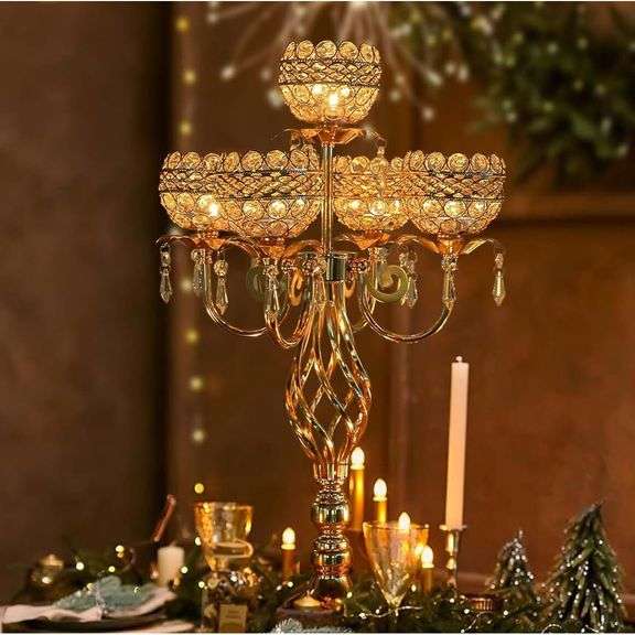 Gold Candelabra Centerpiece with Crystal Pendants