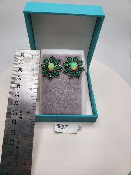 Very high quality hand made emerald and diamonds with opal on silver earrings