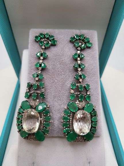 Very high quality hand made emerald and diamonds with blue topaz on silver earrings