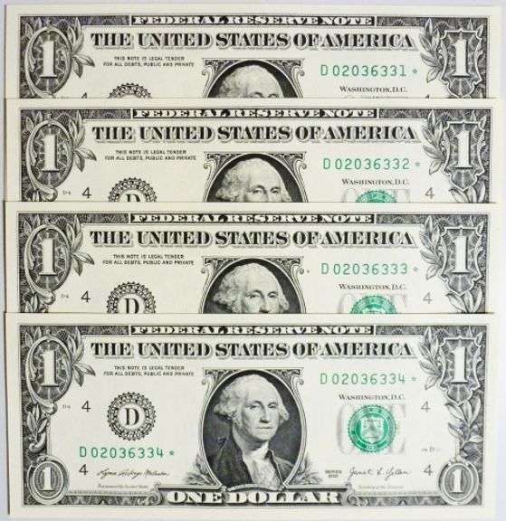 (4) Superb Crisp $1 2021 Star Replacement Notes Cleveland-Consecutive!!