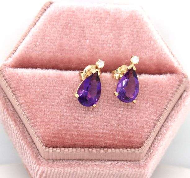 14kt Yellow gold amethyst and diamond accent earrings