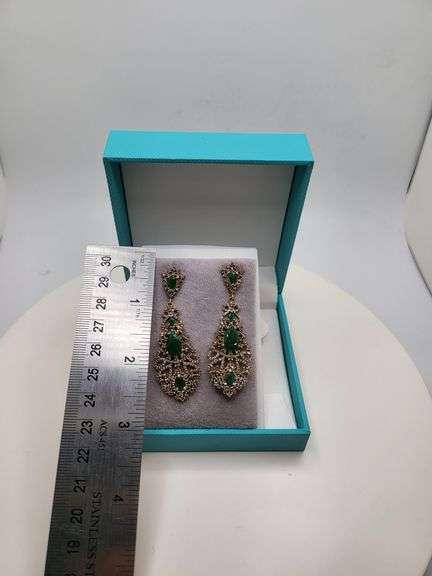 Very high quality hand made emerald and diamonds on silver earrings
