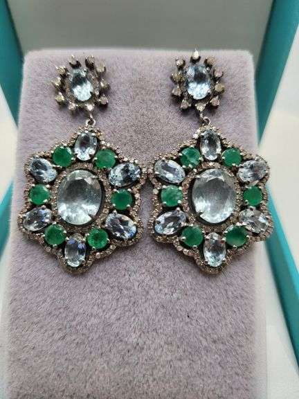 Very high quality hand made emerald and diamonds with blue topaz on silver earrings