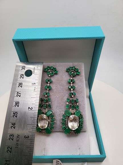 Very high quality hand made emerald and diamonds with blue topaz on silver earrings