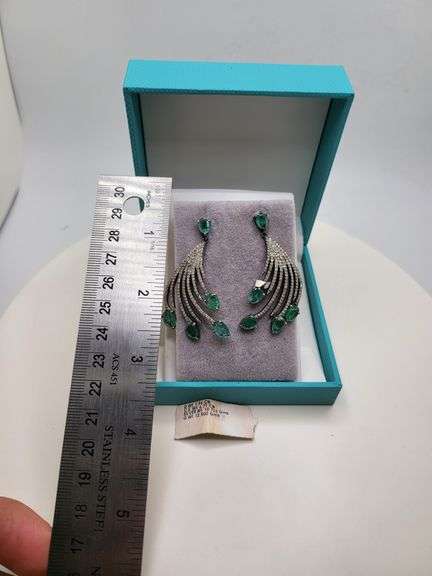 Very high quality hand made emerald and diamonds on silver earrings