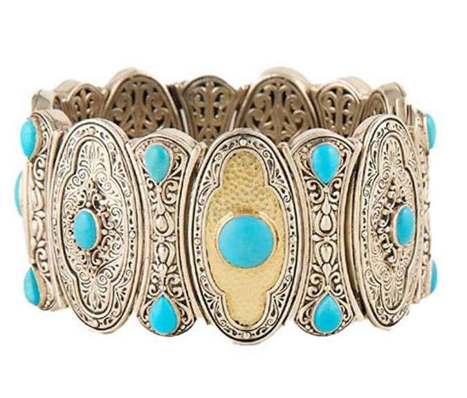 Konstantino Mixed Cut Turquoise Cabochon Filigree Two Tone Link Bracelet in 18K and Sterling