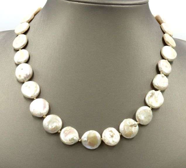 Pearl coin and gold bead necklace