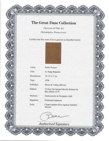 Rare Pablo Picasso Embossment on Harpgaon Cloth from Chant Funèbre pour Ignacio Sánchez Mejías, 1976