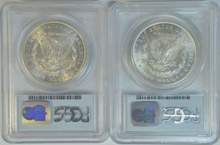 Solid bright-white pair of PCGS MS65 graded Morgans from 1902-O & 1904-O