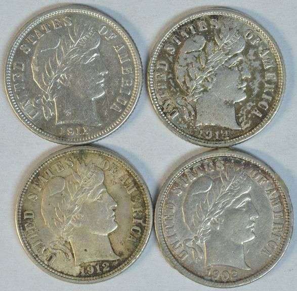 4 Different original AU/BU Barber Dimes 1902 to 1914-D