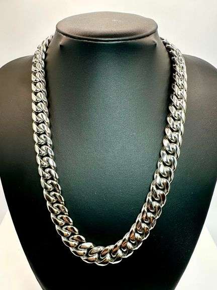 Huge 194 Gram 14 Kt White Gold Plate Cuban Link Chain Necklace