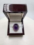 Extremely fine Victorian natural cabochon amethyst in center and diamonds ring on silver