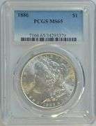 Satiny-white Gem BU 1886 Morgan Silver Dollar. PCGS MS65