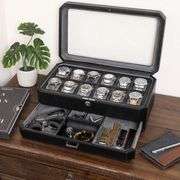 12-Slot Leather Watch Box with Valet Drawer