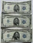 Three Consecutive $5 1934 Silver Certificates Near Unc