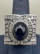 MENS 14K WHITE GOLD DIAMOND RING WITH CABOCHON BLUE SAPPHIRE
