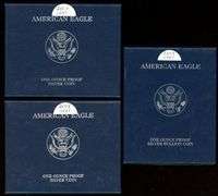 3 Different Proof Silver Eagles in Box w/CoA: 2003, 2004, 2008