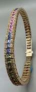 14K Yellow Gold Multi Colored Princess Cut Sapphires Tennis Bracelet