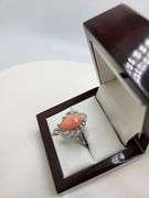 Extremely fine Victorian natural coral, emerald, diamonds ring on silver