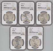 5 Near Gem BU NGC MS64 Silver Dollars 1921 to 1925