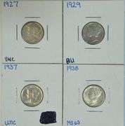 Run of 4 different nice Uncirculated Mercury Dimes 1927 to 1938