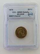 1875 Belgium GOLD 20 Francs, ICG MS60 Details