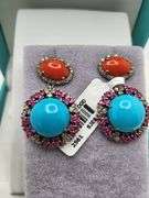 Extremely fine Victorian turquoise and diamonds with sapphire and coral earrings