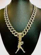 Huge World Series 114.5 Gram 14 Kt Gold Plated Simulated Diamond  Baseball Chain Pendant cklace