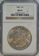 Satiny-white Gem BU 1886 Morgan Silver Dollar. NGC MS65