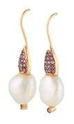 Pink Sapphire and Baroque Pearl Fish Hoop Earrings in 18K